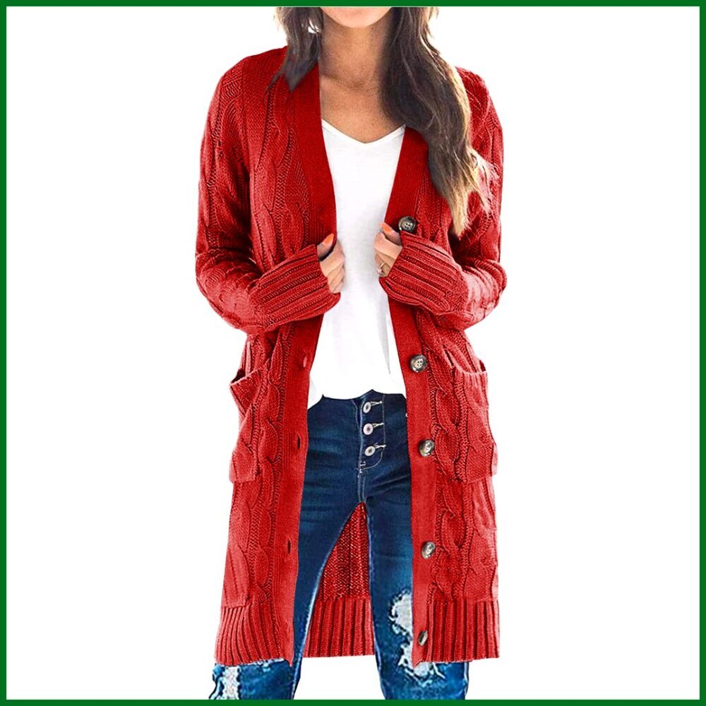 Long Sleeve Cable Knit Cardigan Chunky Open Front Button Sweater with Pockets